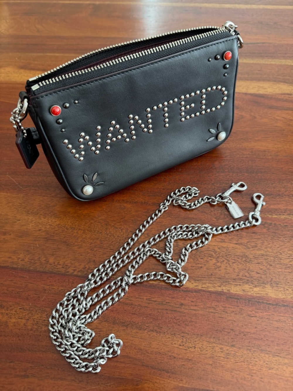 Coach Clutch Black Leather Wristlet with Stud 'WANTED' Detailing
